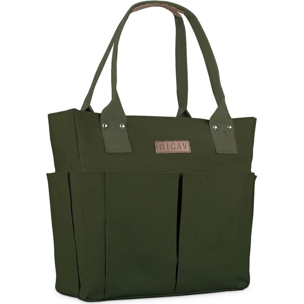 Women Green Lattice Premium Large Utility Canvas Tote Bags with Pockets Zip Top